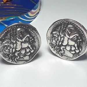 Vintage Greek God Portrait 21mm Diameter Sterling Silver Gents Cuff Links #17786